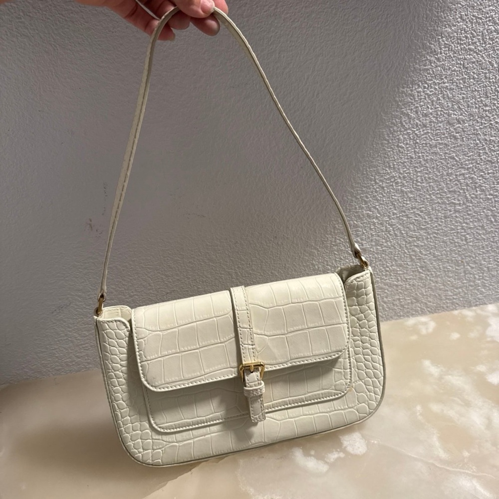 BY FAR Elegant Cream Crocodile-Embossed Shoulder Bag